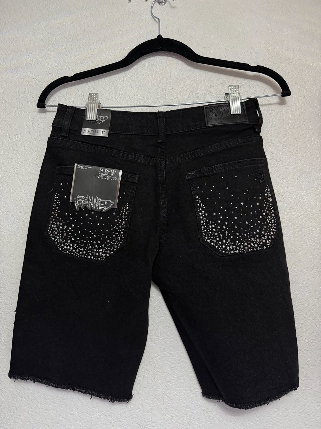 Boys Banned Bottoms Midrise Relaxed Fit Crystal Embellished Black Denim Shorts Size 12 5