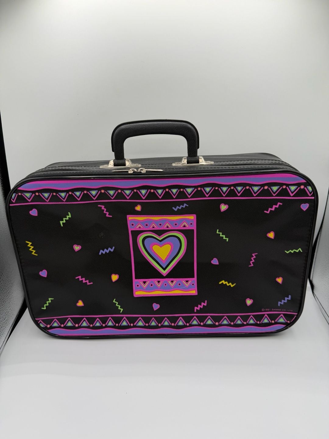 Vintage 1991 Sanrio Neon Heart Pattern Travel Suitcase Luggage 1