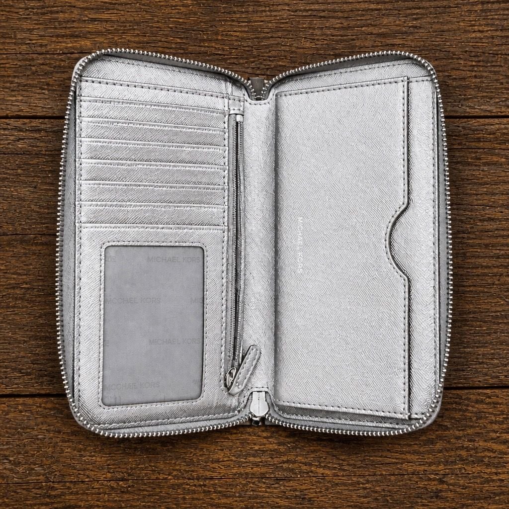 Michael Kors Jet Set Travel Large Flat Zip Around Wallet Silver Metallic 1