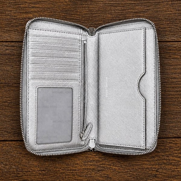 Michael Kors Jet Set Travel Large Flat Zip Around Wallet Silver Metallic