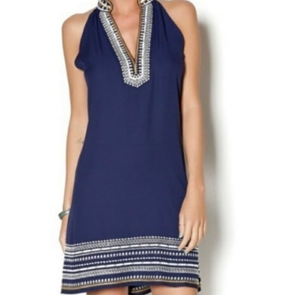 Boho Embroidered Sleeveless V-Neck Dress Navy Blue Size M