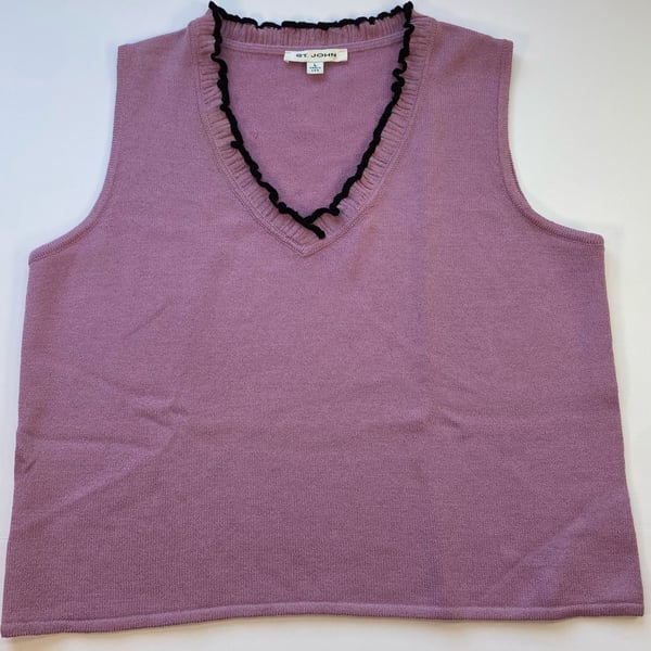 St. John Pink V-Neck Sleeveless Tank Sweater Vest with Black Ruffle Trim Size L