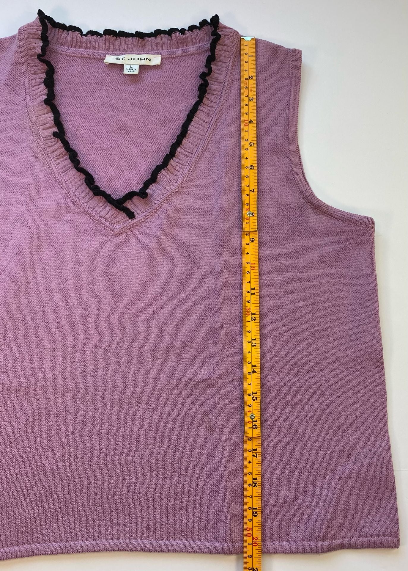 St. John Pink V-Neck Sleeveless Tank Sweater Vest with Black Ruffle Trim Size L 7
