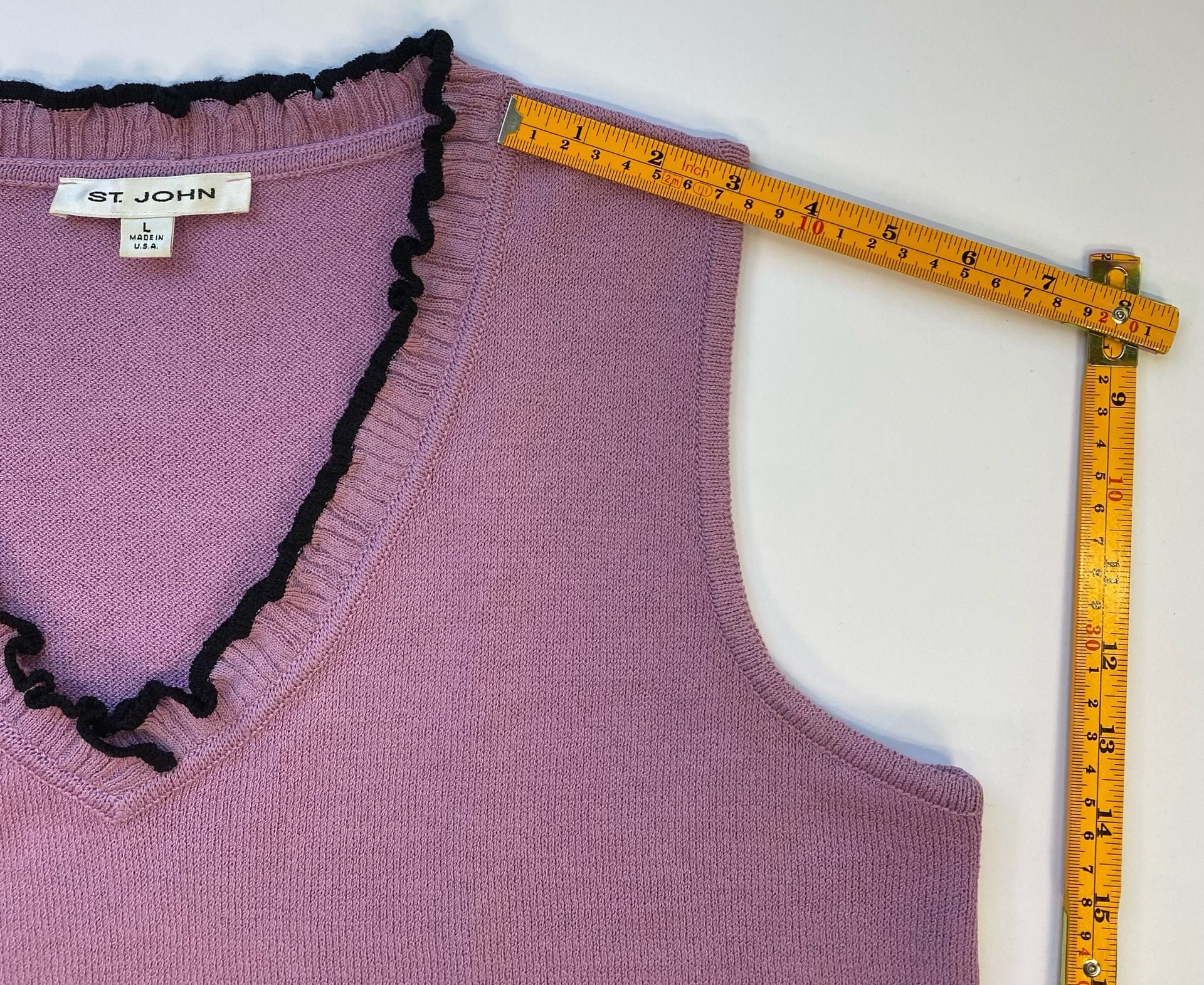 St. John Pink V-Neck Sleeveless Tank Sweater Vest with Black Ruffle Trim Size L 8