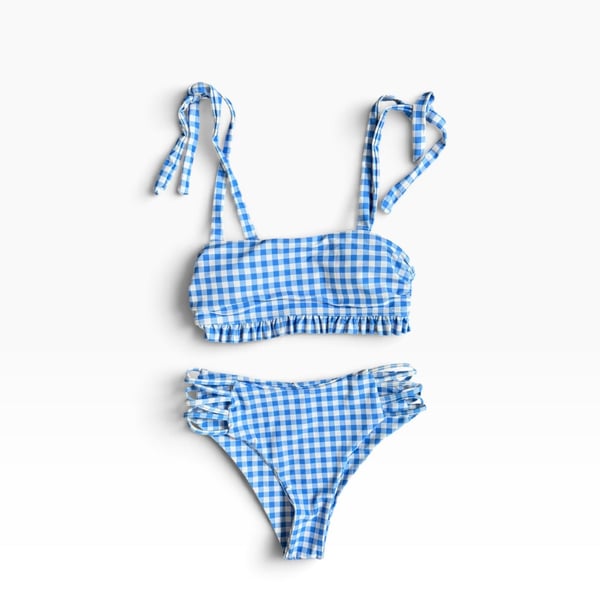 Blue Gingham Ruffled Tie Shoulder Bikini Top and Bottom Set S