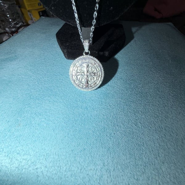Silver St. Benedict San Benito Medal Pendant moissanite
