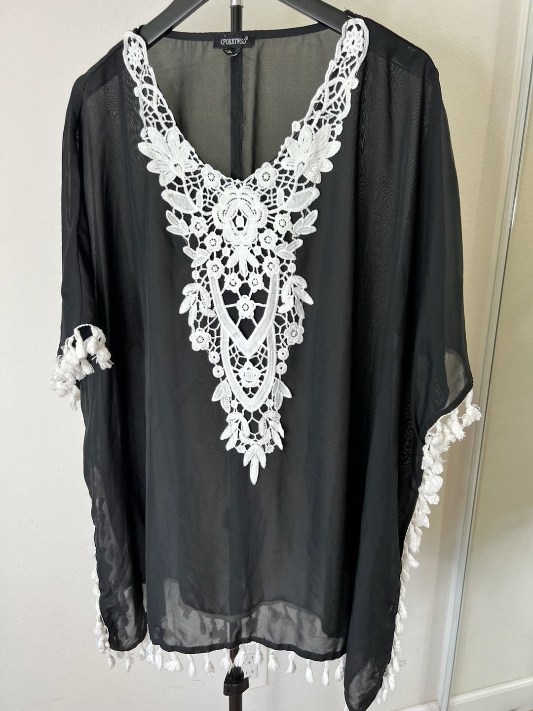Black Sheer Chiffon Swimsuit Beach Cover Up with White Floral Lace and Tassel Fringe 2