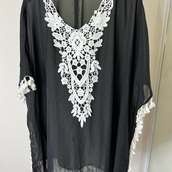 Black Sheer Chiffon Swimsuit Beach Cover Up with White Floral Lace and Tassel Fringe