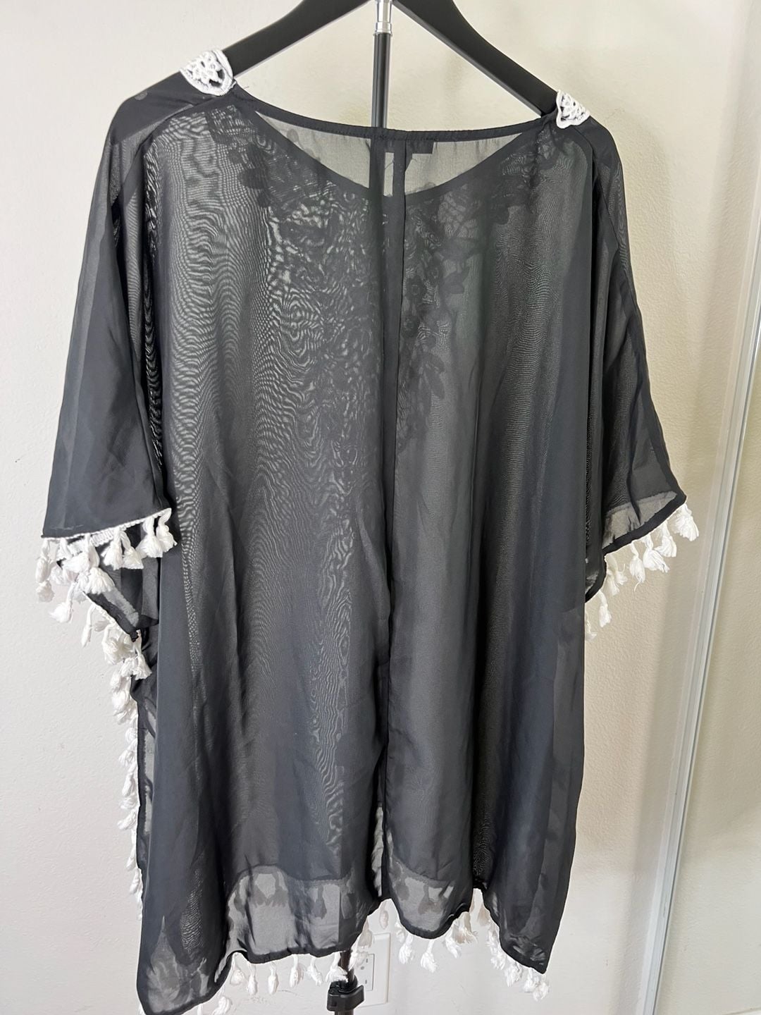 Black Sheer Chiffon Swimsuit Beach Cover Up with White Floral Lace and Tassel Fringe 3