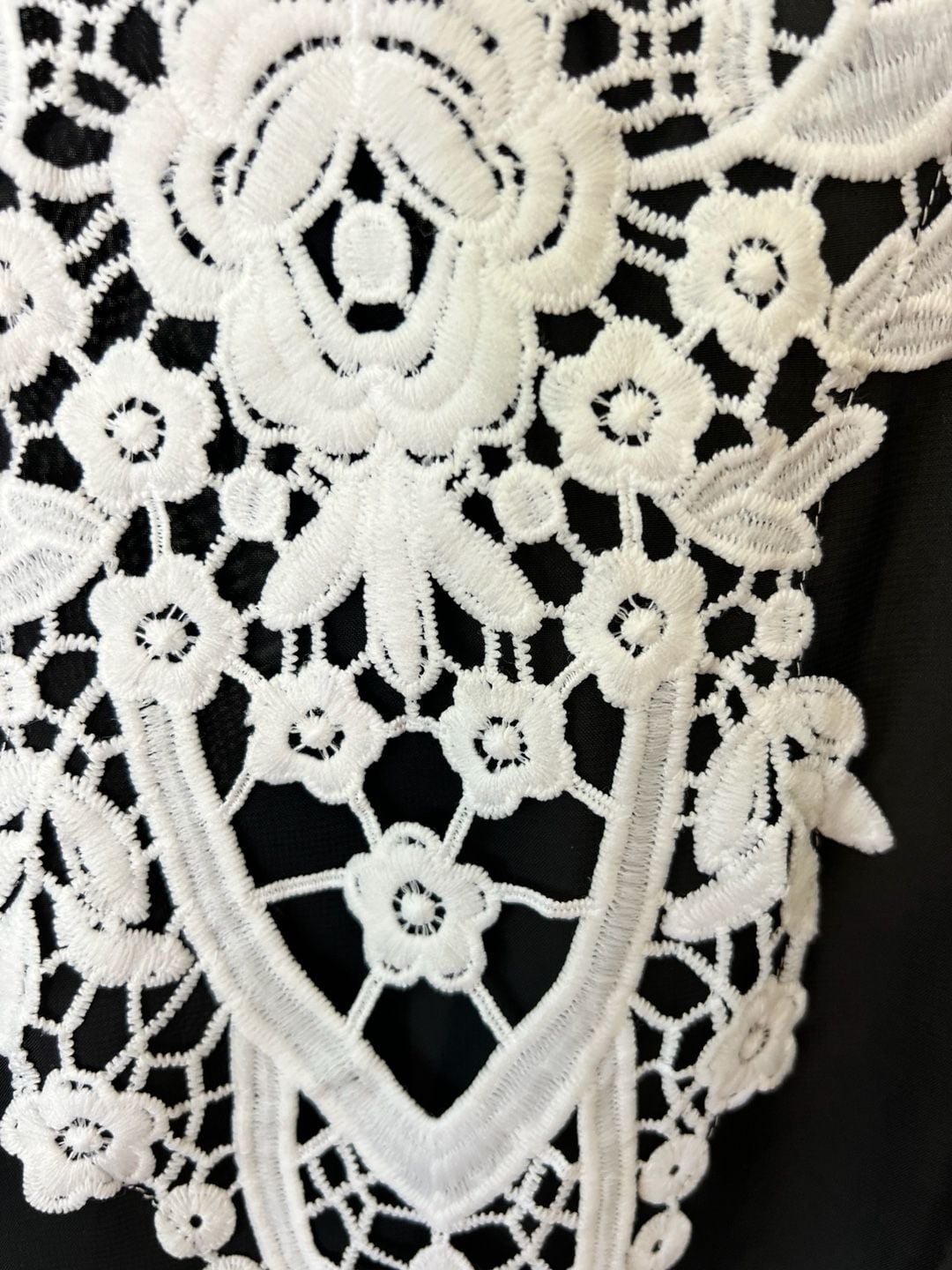 Black Sheer Chiffon Swimsuit Beach Cover Up with White Floral Lace and Tassel Fringe 4
