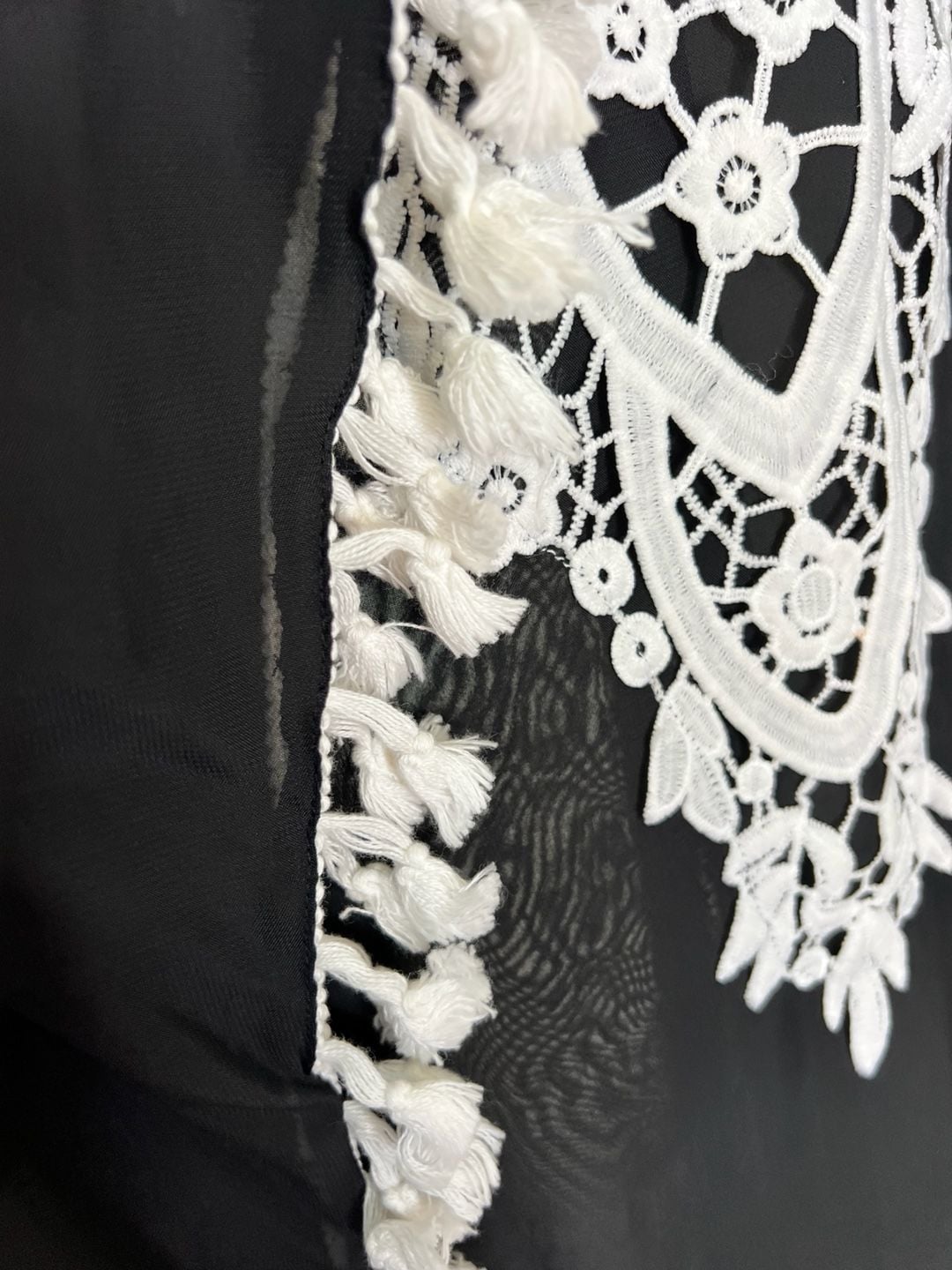 Black Sheer Chiffon Swimsuit Beach Cover Up with White Floral Lace and Tassel Fringe 5