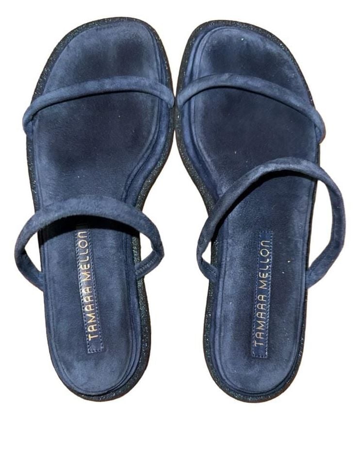 Tamara Mellon Blue Suede Glitter Flat Slide Sandals 2