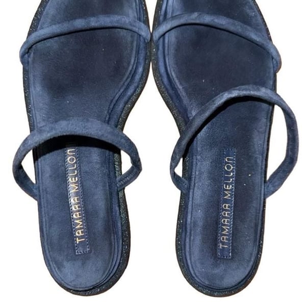 Tamara Mellon Blue Suede Glitter Flat Slide Sandals