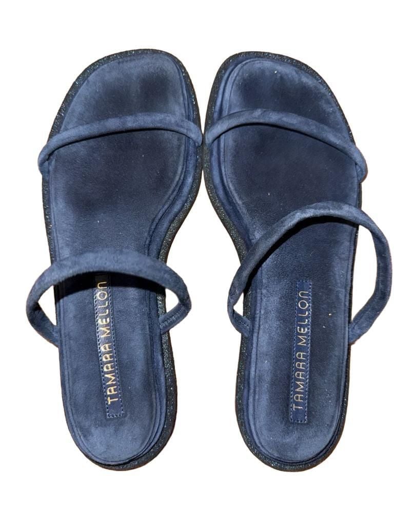 Tamara Mellon Blue Suede Glitter Flat Slide Sandals 3