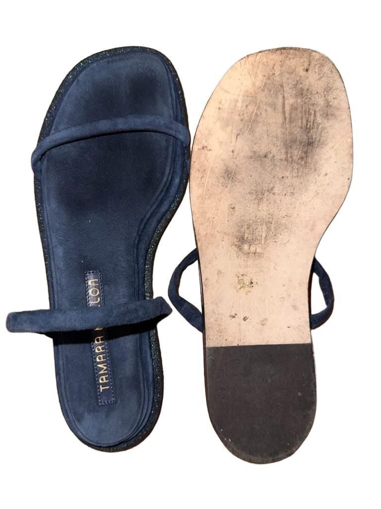 Tamara Mellon Blue Suede Glitter Flat Slide Sandals 4
