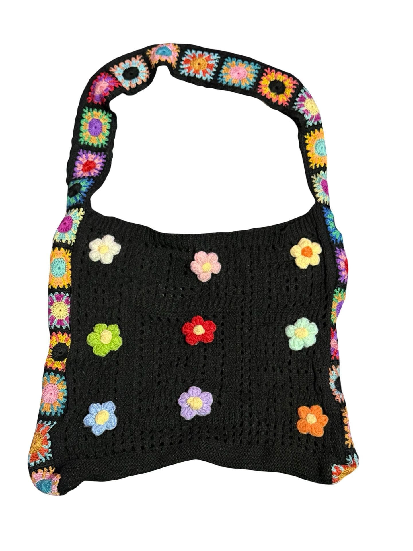 Unique Bargains Flowers Pattern Crochet Bag Black 2
