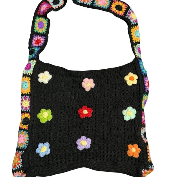 Unique Bargains Flowers Pattern Crochet Bag Black