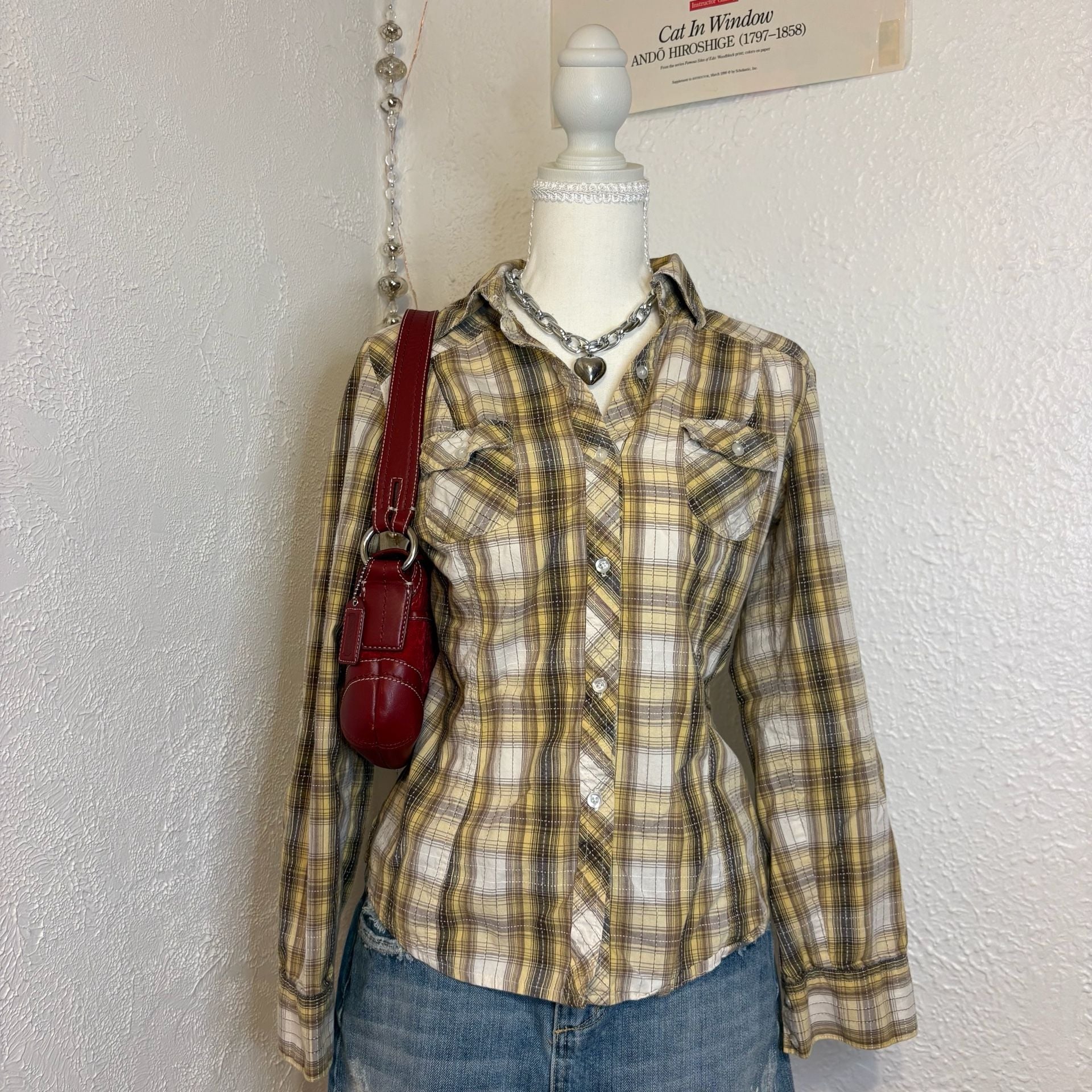 Mudd Vintage Y2K Yellow White Brown Plaid Western Button Down Shirt 2