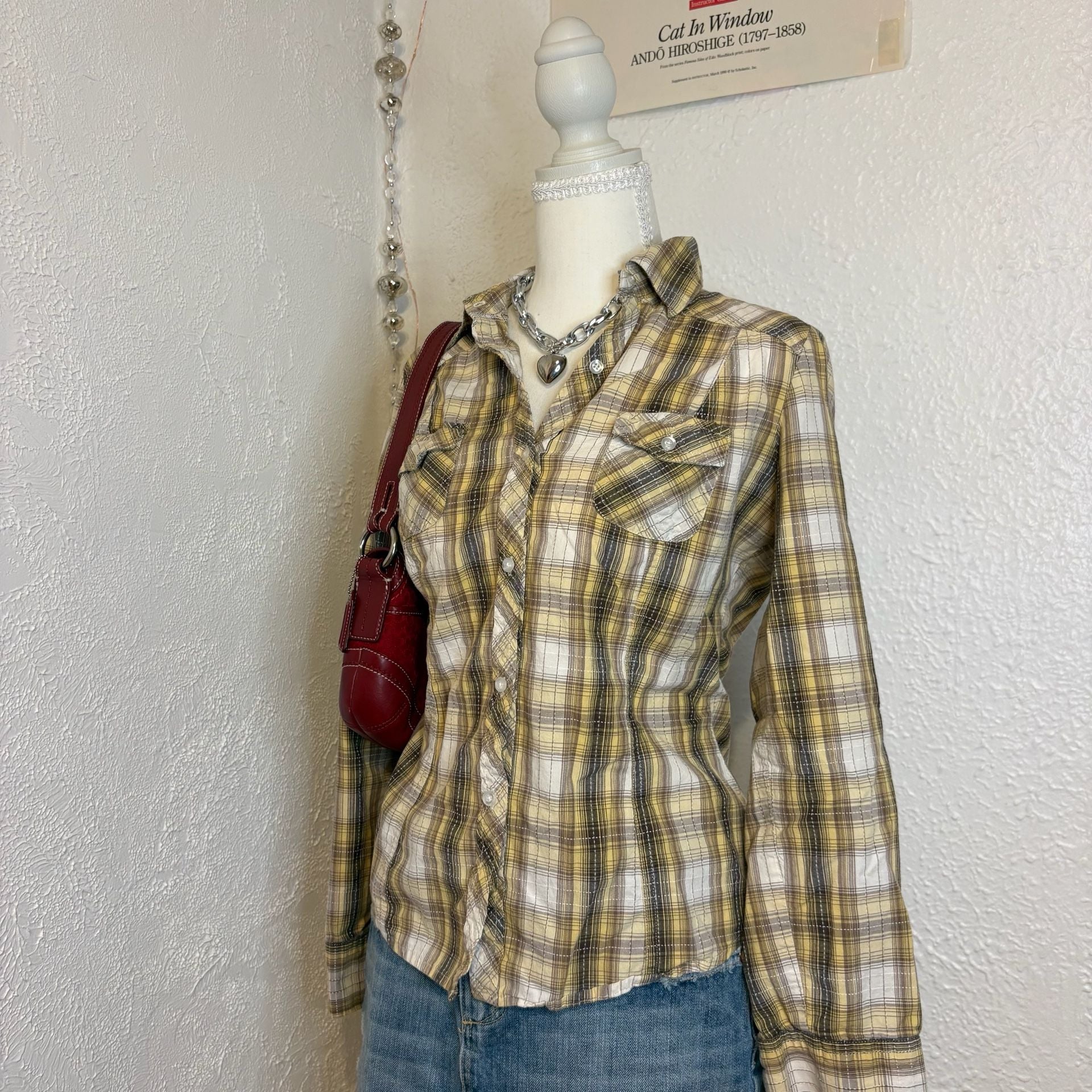 Mudd Vintage Y2K Yellow White Brown Plaid Western Button Down Shirt 3