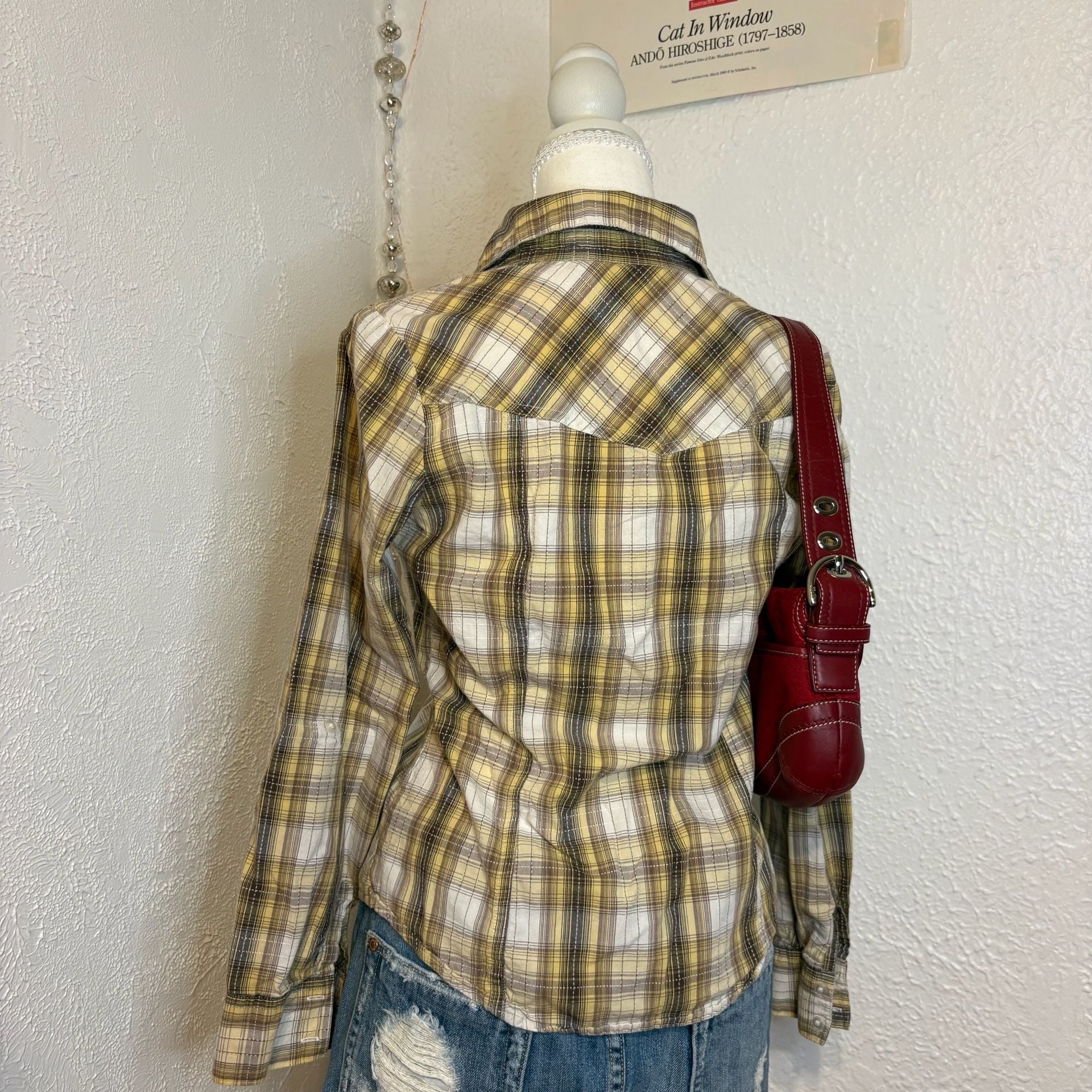Mudd Vintage Y2K Yellow White Brown Plaid Western Button Down Shirt 4