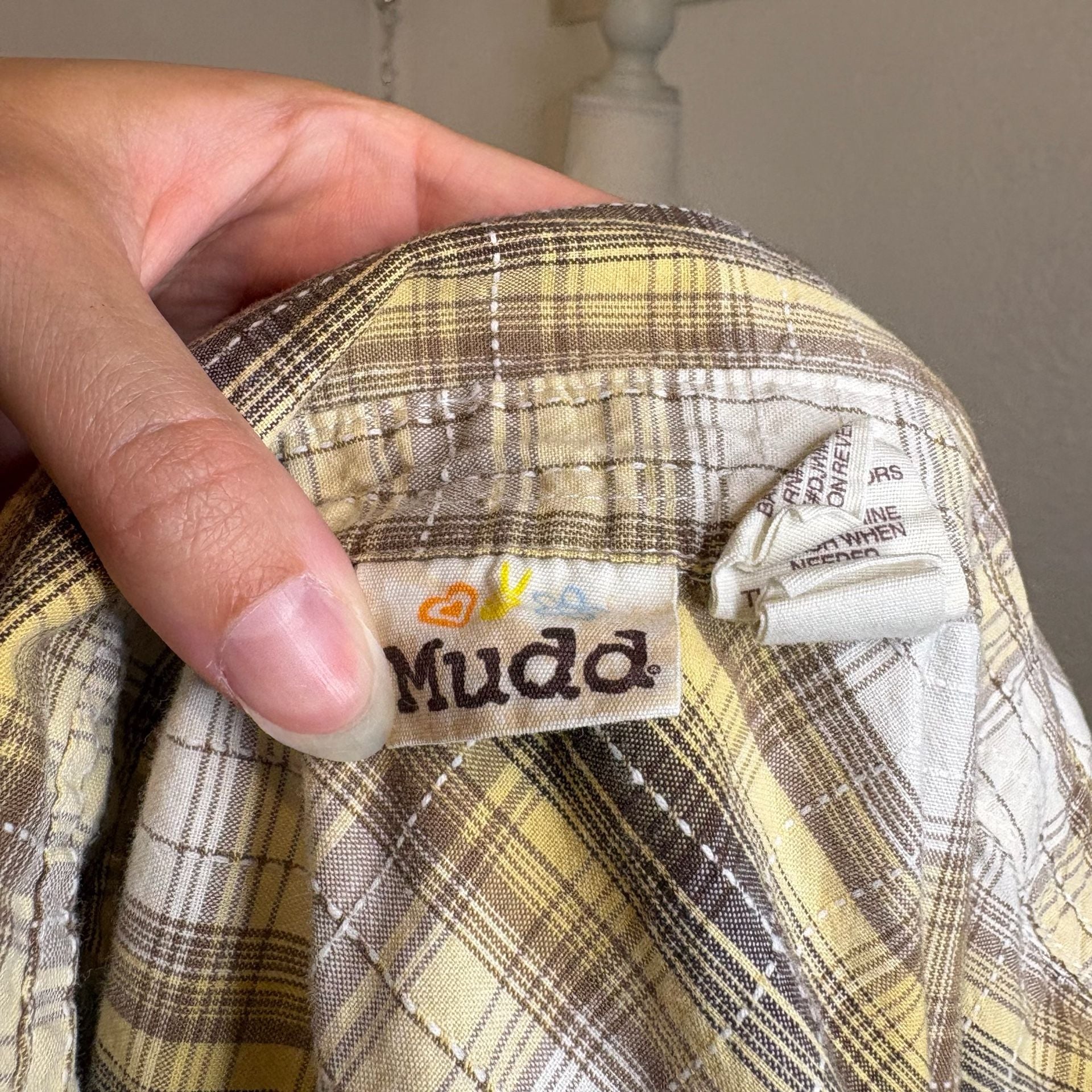 Mudd Vintage Y2K Yellow White Brown Plaid Western Button Down Shirt 5