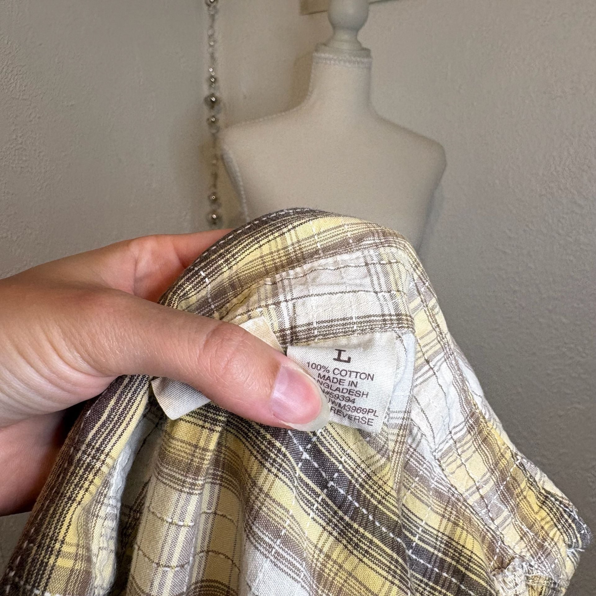 Mudd Vintage Y2K Yellow White Brown Plaid Western Button Down Shirt 6