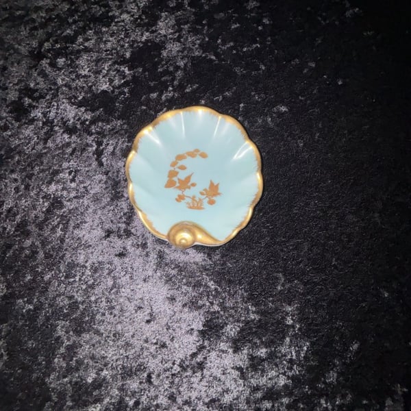 Vintage Turquoise Porcelain Shell Trinket Dish with Gold Rim