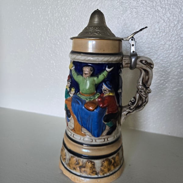 Vintage Japan Music Box Stein German Style with Lid Large 10" Tall