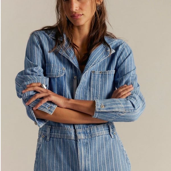 Free People We The Free Florence Blues Striped Denim Coverall Jumpsuit Romper XL