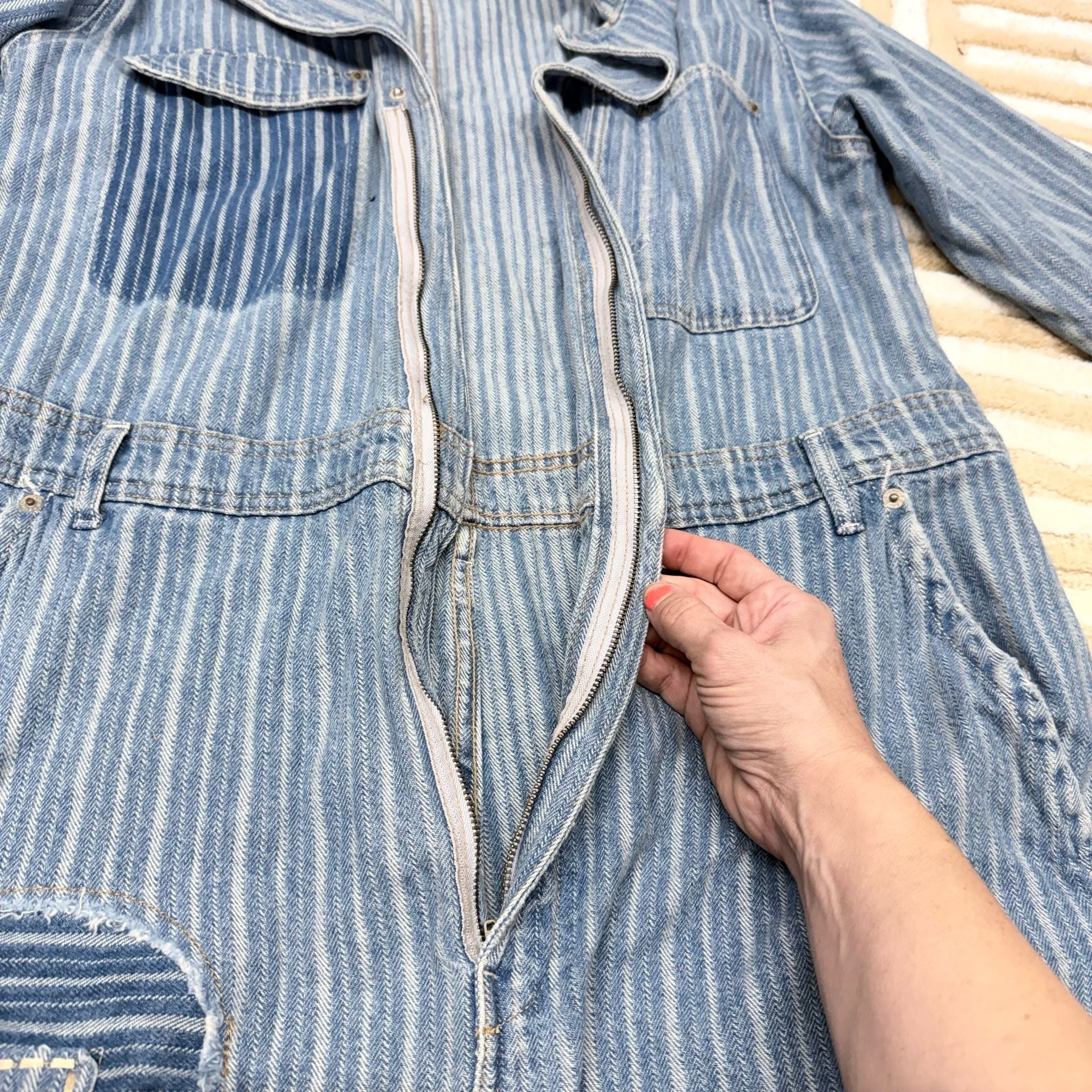 Free People We The Free Florence Blues Striped Denim Coverall Jumpsuit Romper XL 7