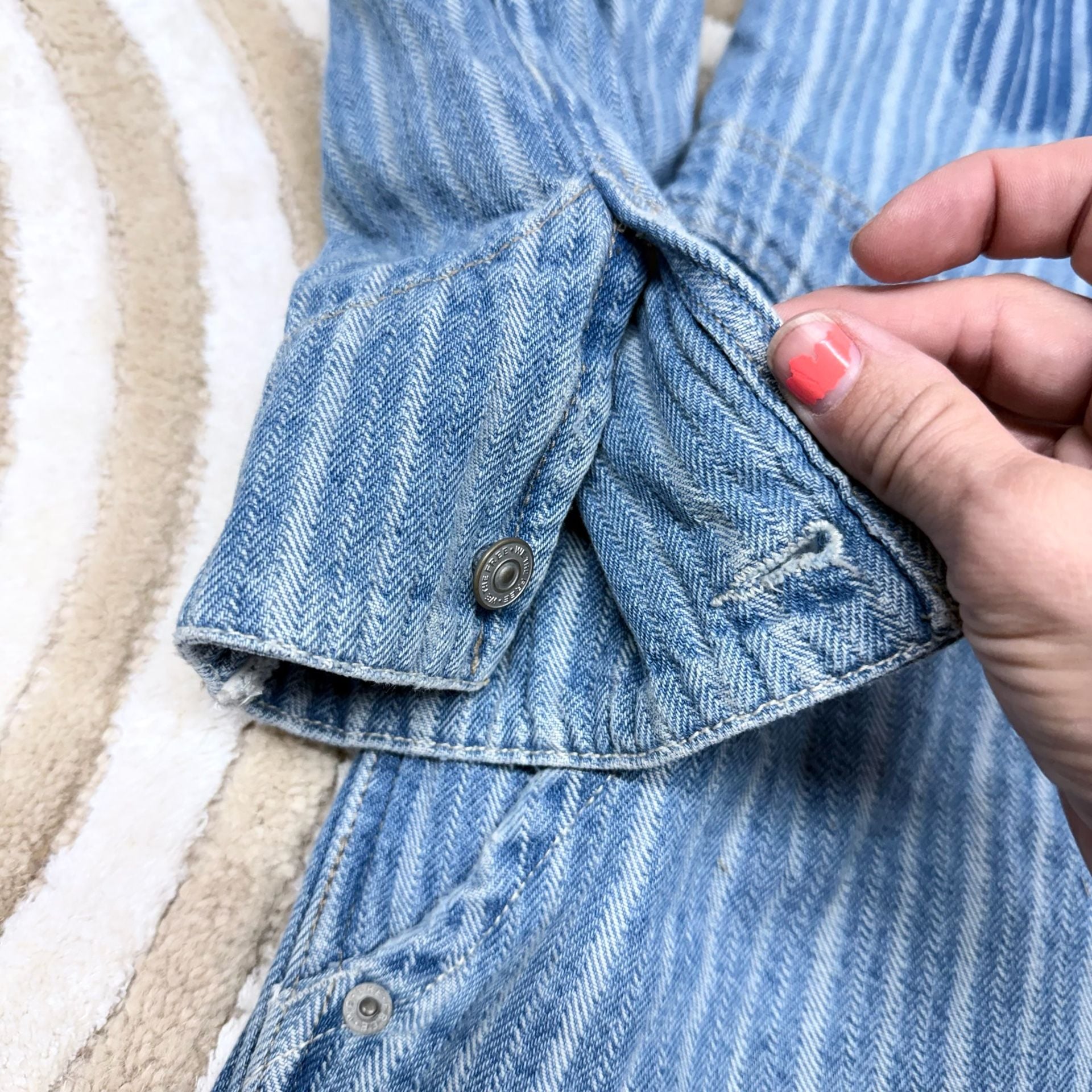 Free People We The Free Florence Blues Striped Denim Coverall Jumpsuit Romper XL 8