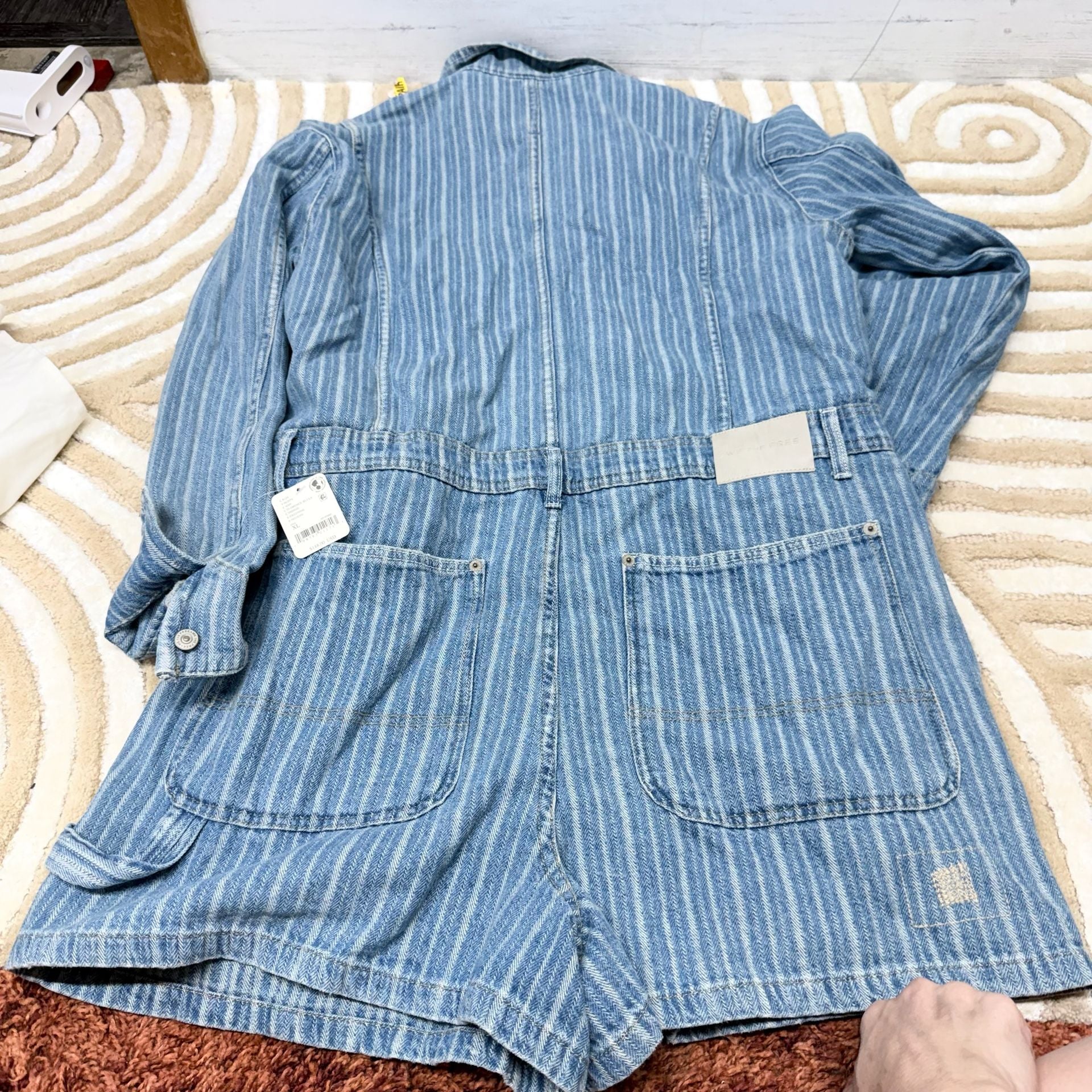 Free People We The Free Florence Blues Striped Denim Coverall Jumpsuit Romper XL 10