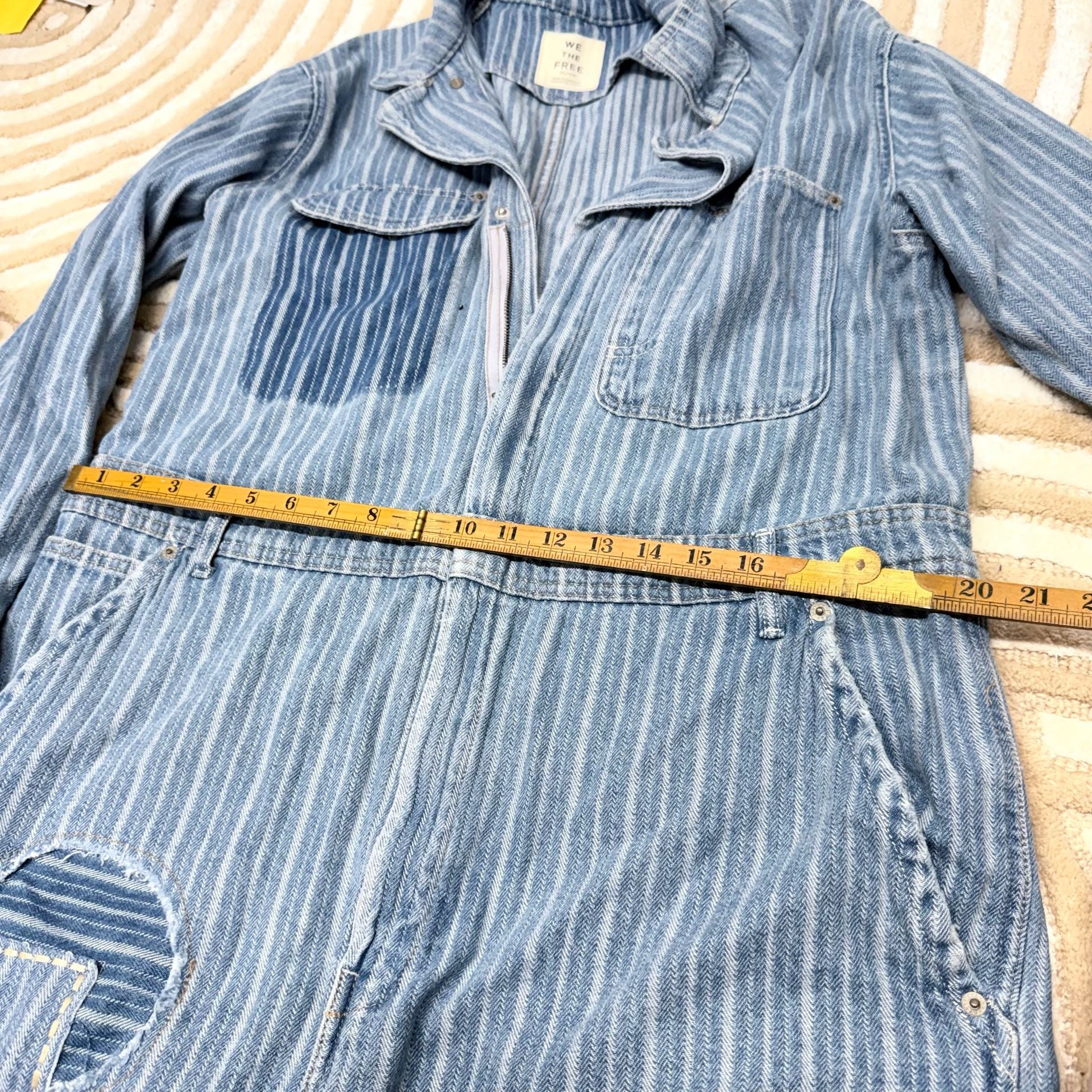 Free People We The Free Florence Blues Striped Denim Coverall Jumpsuit Romper XL 11