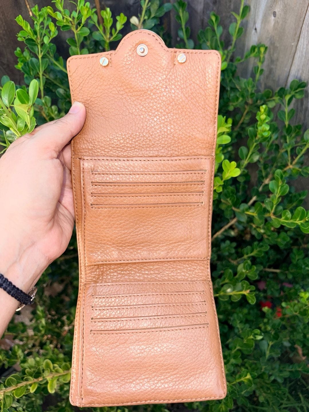 Tory Burch Amanda Tan Caramel Pebbled Leather Compact Trifold Wallet 3