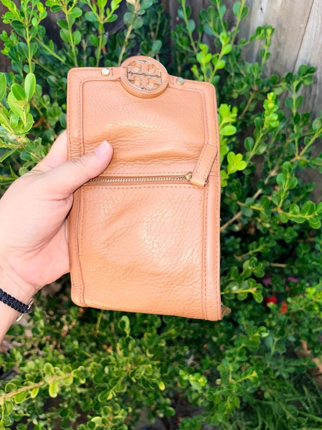 Tory Burch Amanda Tan Caramel Pebbled Leather Compact Trifold Wallet 6