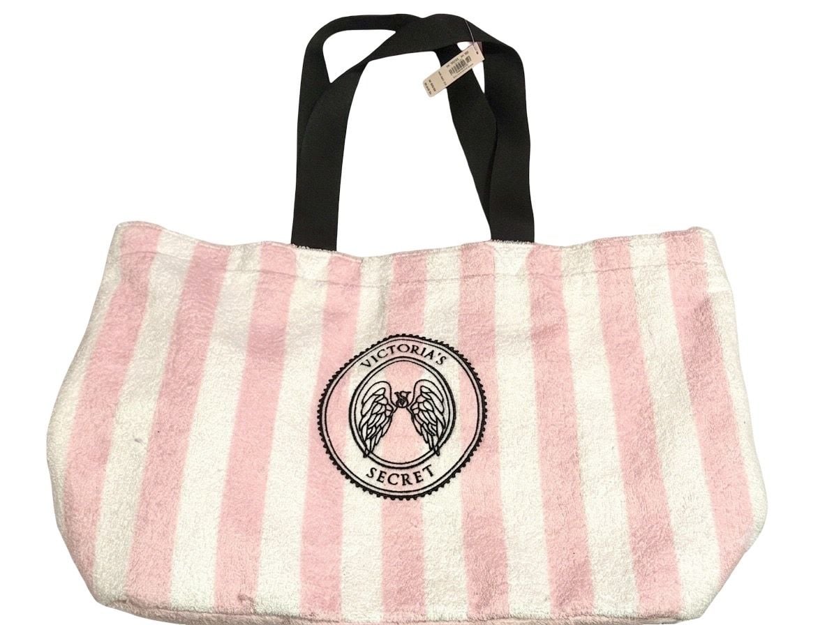 Victoria's Secret Pink & White Striped Terry Cloth Tote Bag with Angel Wings Logo 2