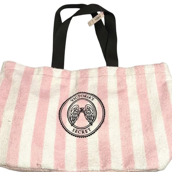 Victoria's Secret Pink & White Striped Terry Cloth Tote Bag with Angel Wings Logo
