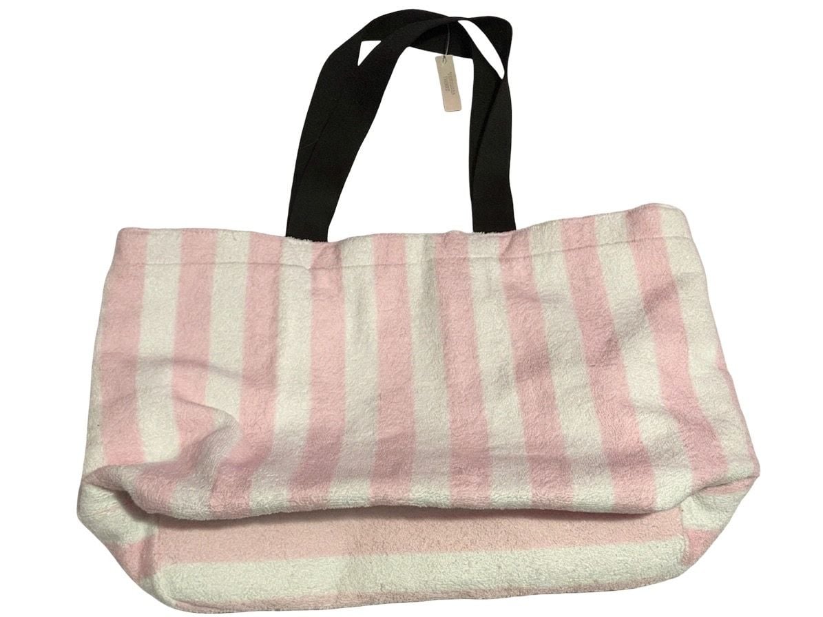 Victoria's Secret Pink & White Striped Terry Cloth Tote Bag with Angel Wings Logo 3