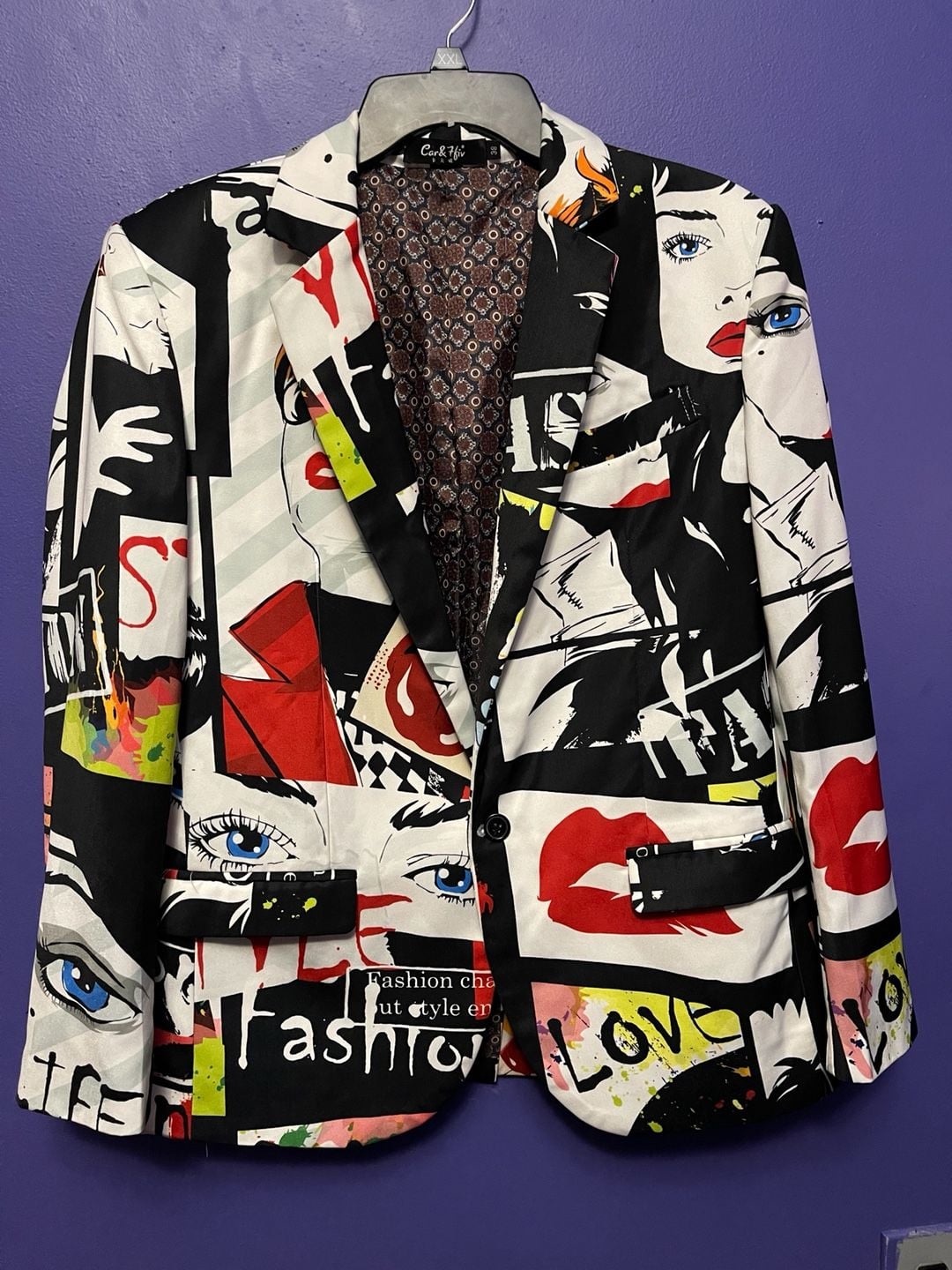 Car&Ffiv Pop Art Comic Face Print Graphic Blazer Jacket Size 38 2