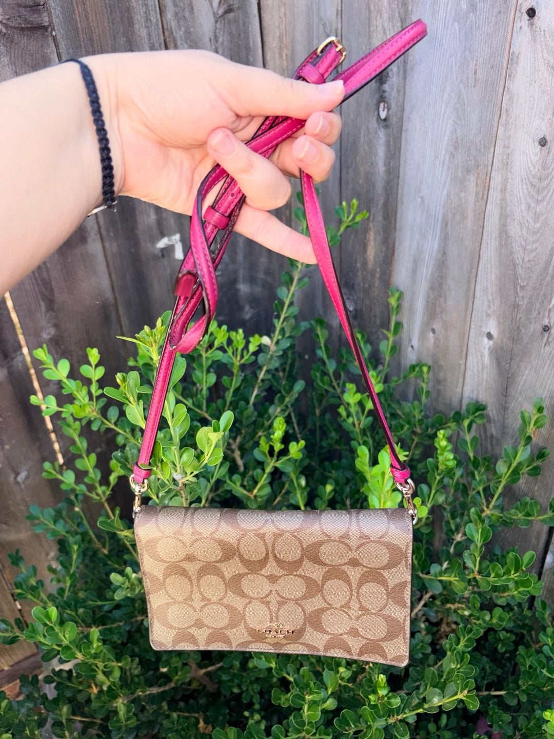 Coach Anna Foldover Clutch Crossbody Bag in Signature Canvas Khaki and Pink 2