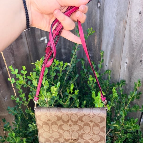 Coach Anna Foldover Clutch Crossbody Bag in Signature Canvas Khaki and Pink 