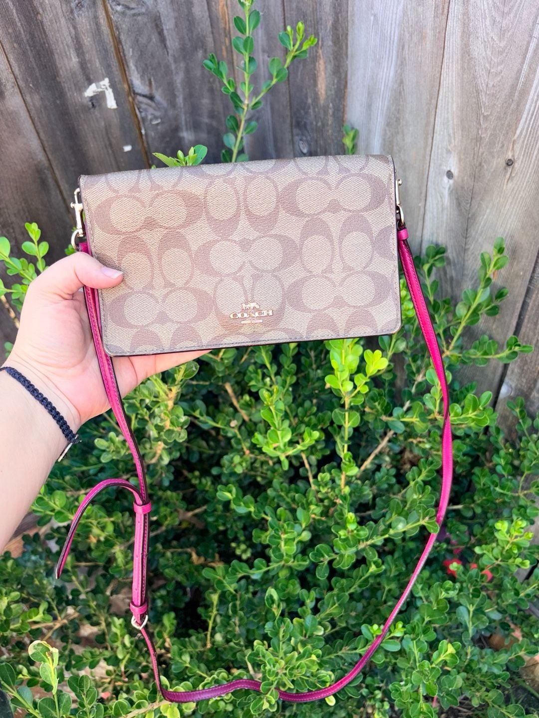 Coach Anna Foldover Clutch Crossbody Bag in Signature Canvas Khaki and Pink 13