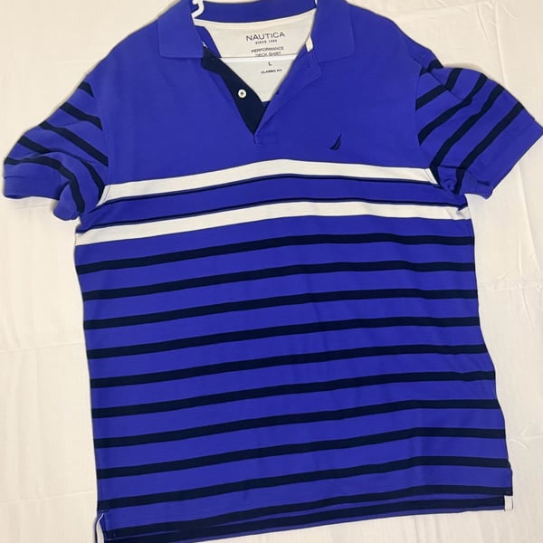 Nautica Performance Deck Shirt Classic Fit Striped Polo Size L Blue White