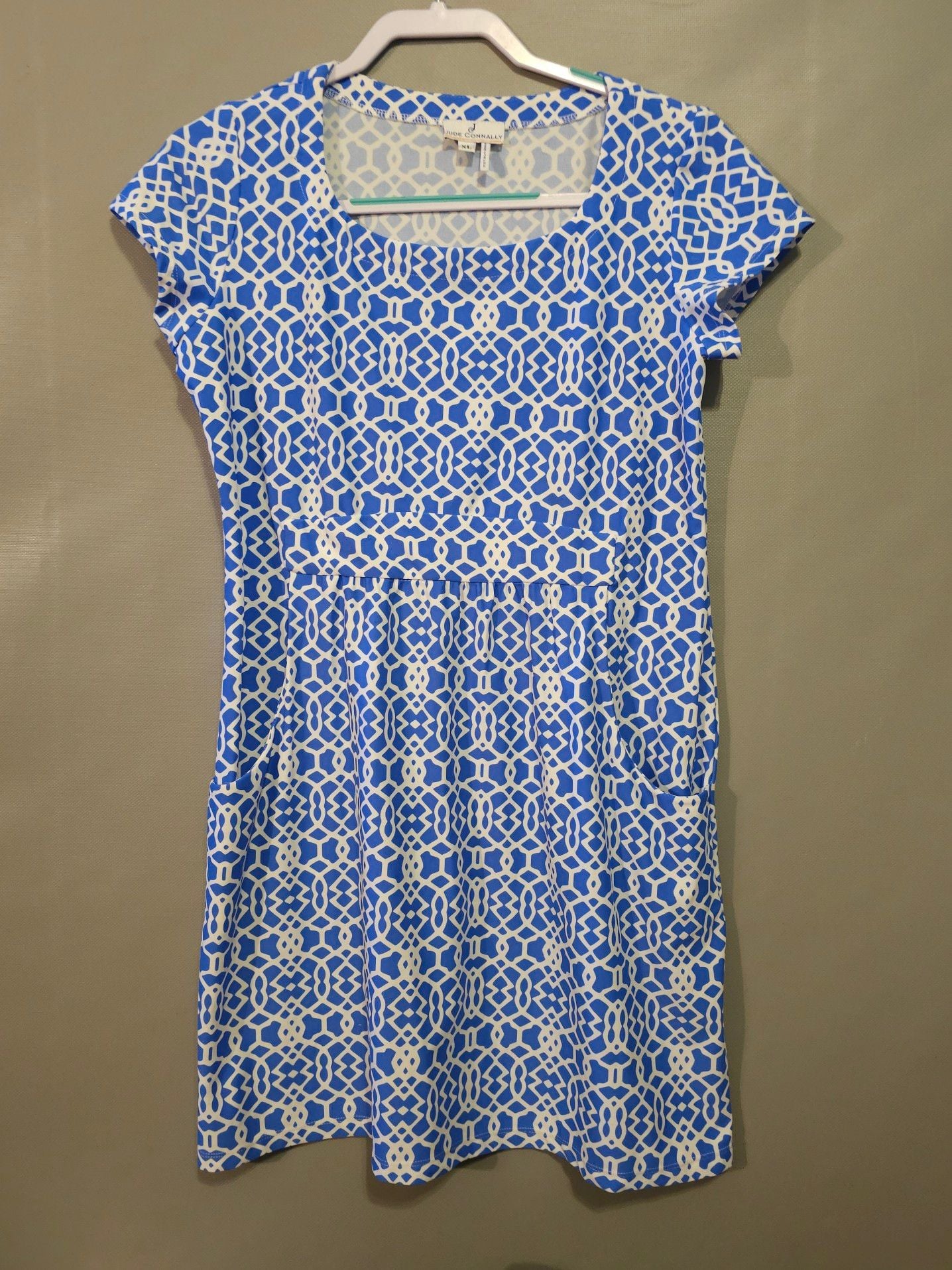 Jude Connally Blue and White Geometric Print Short Sleeve Dress with Pockets XL 2