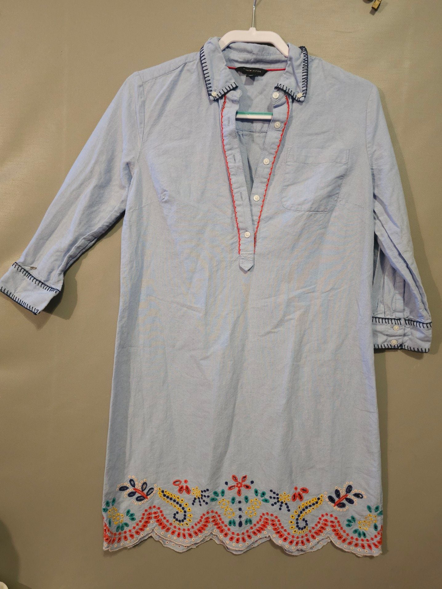 Tommy Hilfiger Scallop Embroidered Long Sleeve Shirt Dress Tunic Blue Size S 2