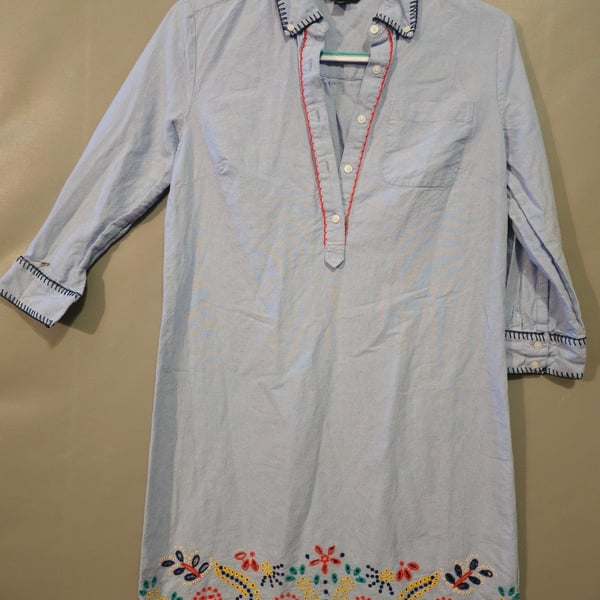 Tommy Hilfiger Scallop Embroidered Long Sleeve Shirt Dress Tunic Blue Size S
