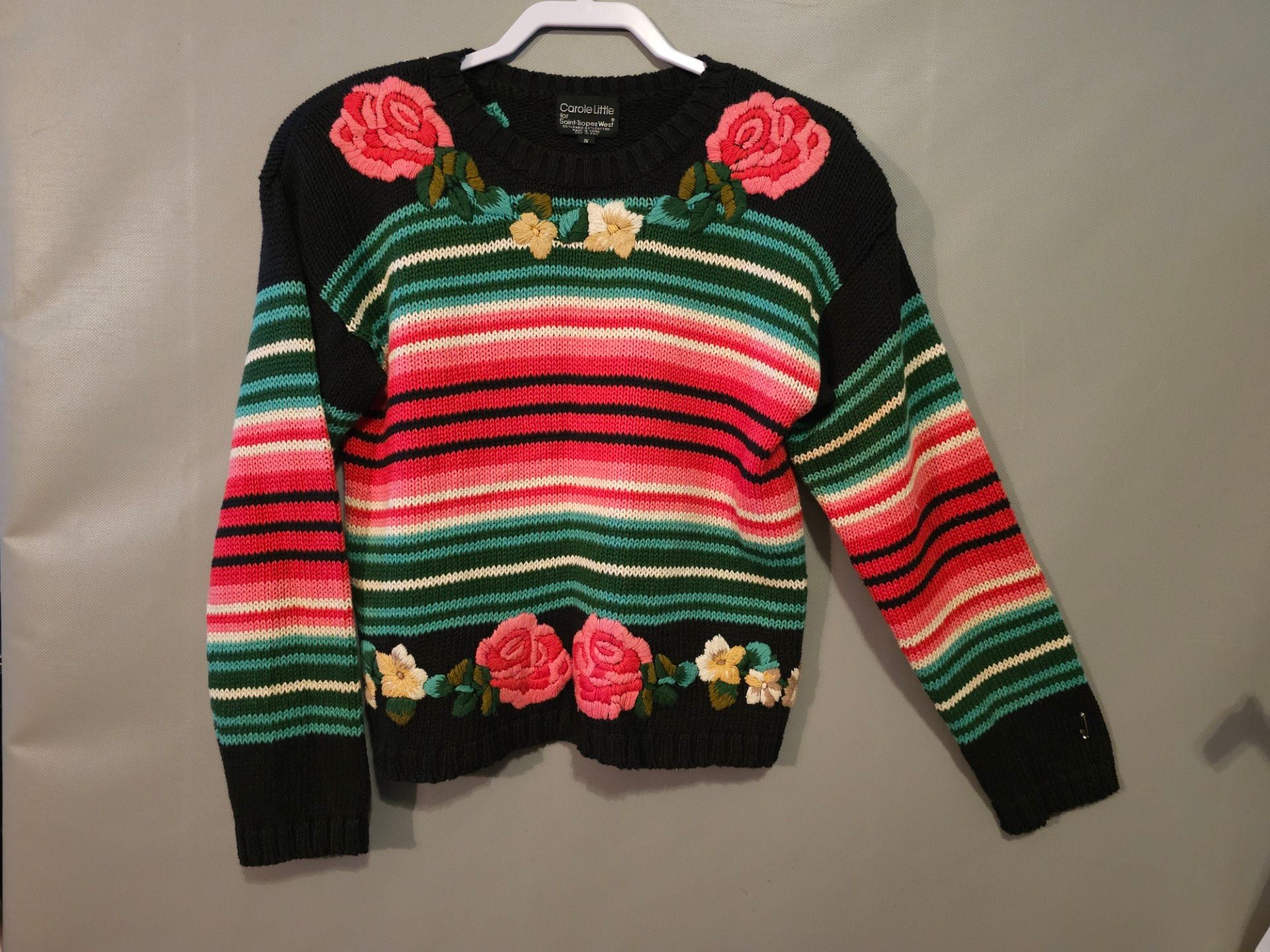 Carole Little for Saint-Tropez West Vintage Striped Floral Embroidered Sweater Size S 2