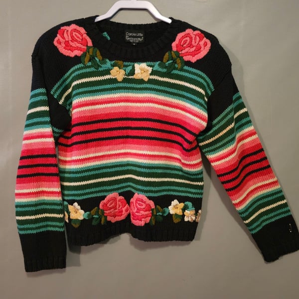 Carole Little for Saint-Tropez West Vintage Striped Floral Embroidered Sweater Size S