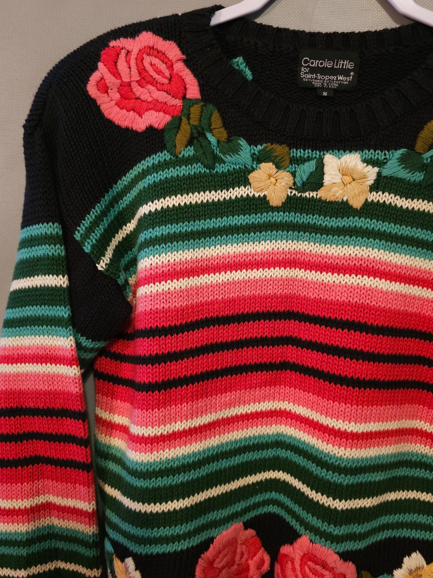 Carole Little for Saint-Tropez West Vintage Striped Floral Embroidered Sweater Size S 6