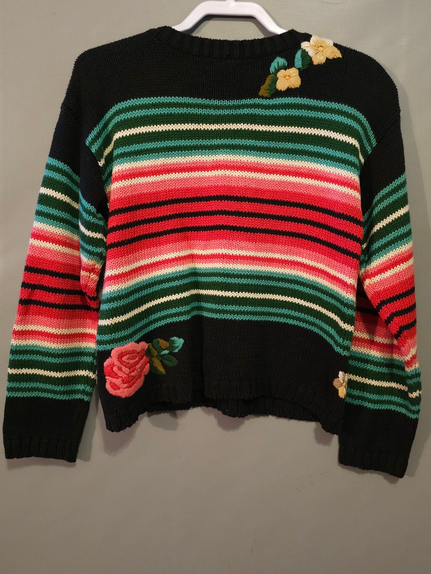 Carole Little for Saint-Tropez West Vintage Striped Floral Embroidered Sweater Size S 8